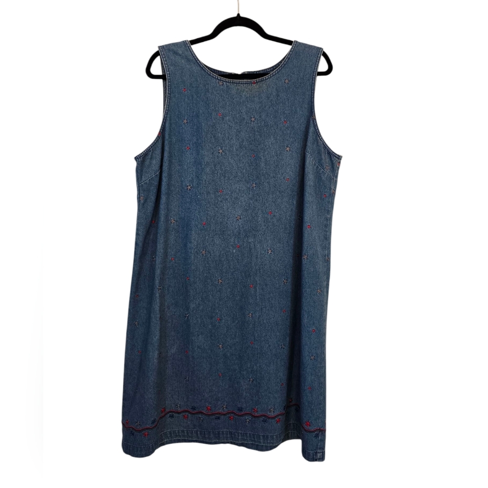 TY Wear Size 18 100% Cotton Star Embroidery Denim Sleeveless Dress Vintage